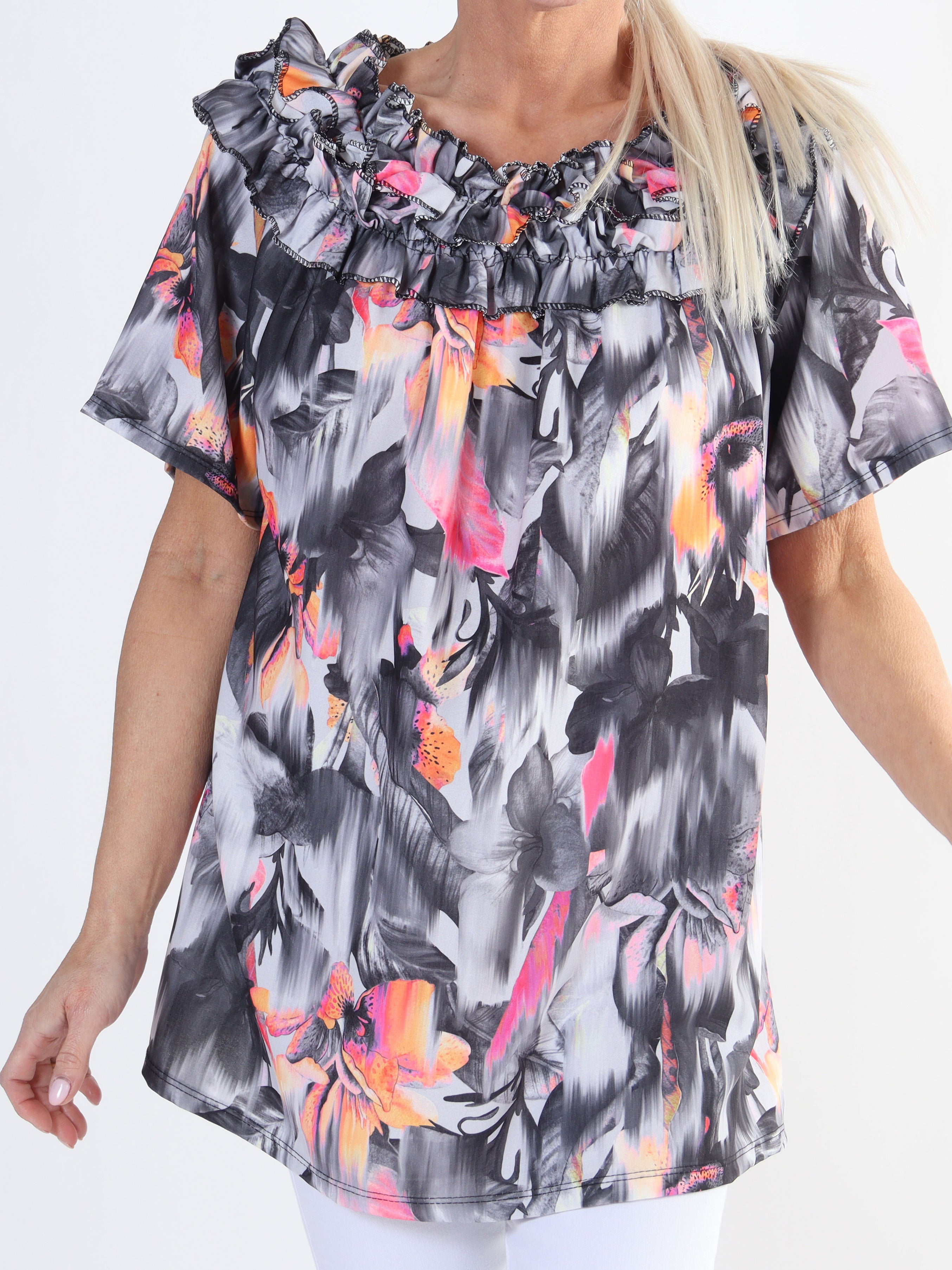 Chili Sleeveless Hawaii - Blomstret plus size tunika med flæser